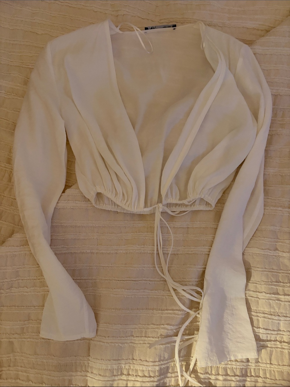 Zara White Cropped Drawstring Wrap Top